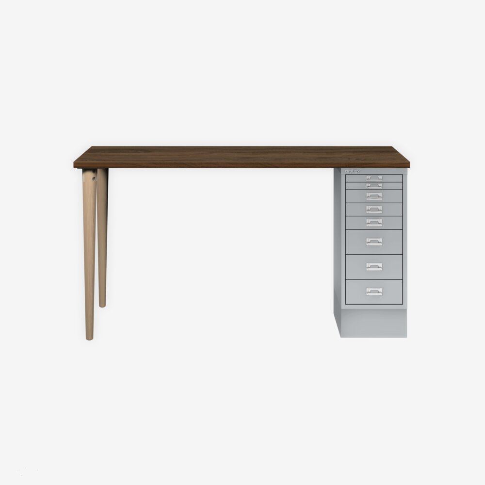 MultiDesk, 2 Eichenfüße, 1 MultiDrawer mit 8 Schüben, Dekor Nussbaum, Farbe Silber, Maße: H 740 x B 1400 x T 600 mm Bild 1