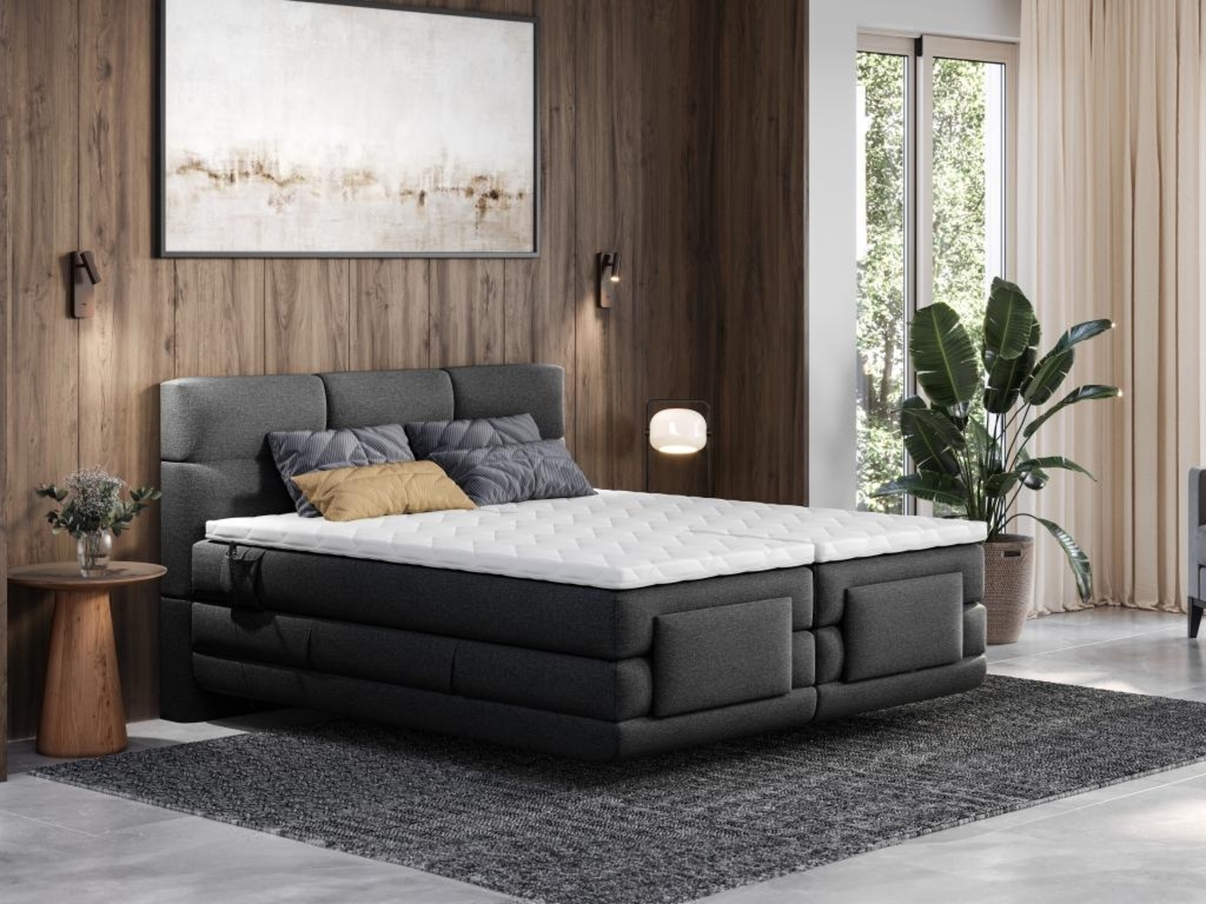 Vente-unique - Boxspringbett mit gestepptem Kopfteil + elektrischem Untergestell mit Relaxfunktion + Matratze + Topper - 2 x 90 x 200 cm - Stoff - Anthrazit - LODI von PALACIO Bild 1