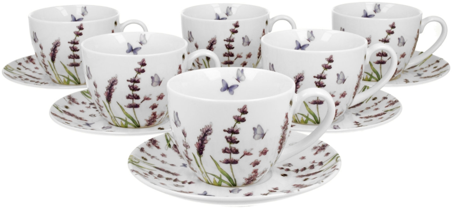 DUO FLORAL 6er-Set Tassen 280 ml CLASSIC LAVENDER mit Untertassen, New Bone China Porzellan Bild 1