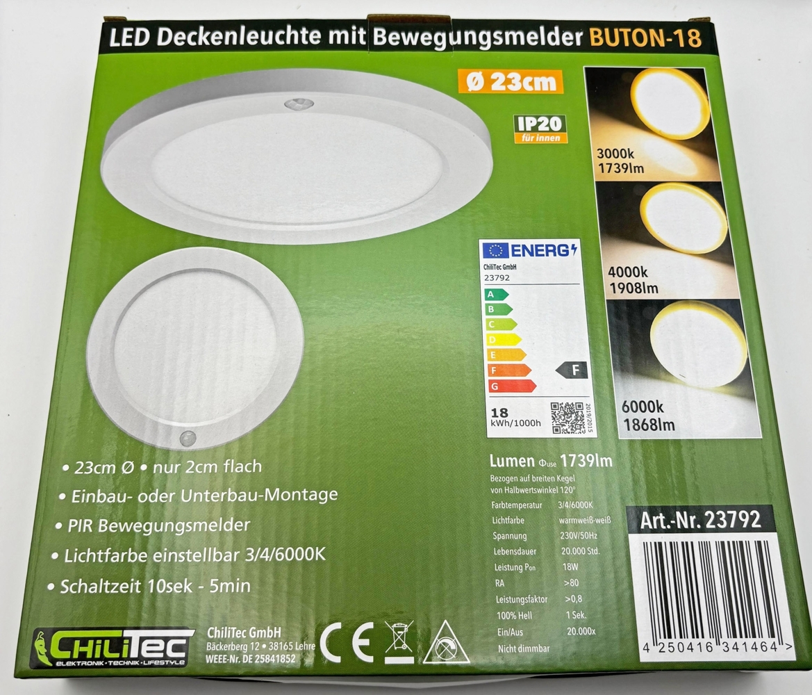 LED Deckenleuchte "BUTON" mit PIR-Sensor Ø 23cm, 18W, 3000/4000/6000k Bild 1