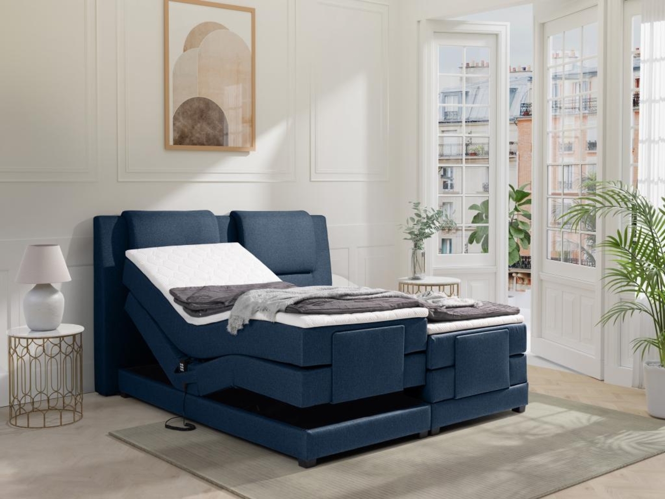 Vente-unique - Boxspringbett mit Bettkopfteil + elektrischem Untergestell mit Relaxfunktion + Matratzen + Topper - 2 x 90 x 200 cm - Stoff - Blau - CASTEL II von PALACIO Bild 1