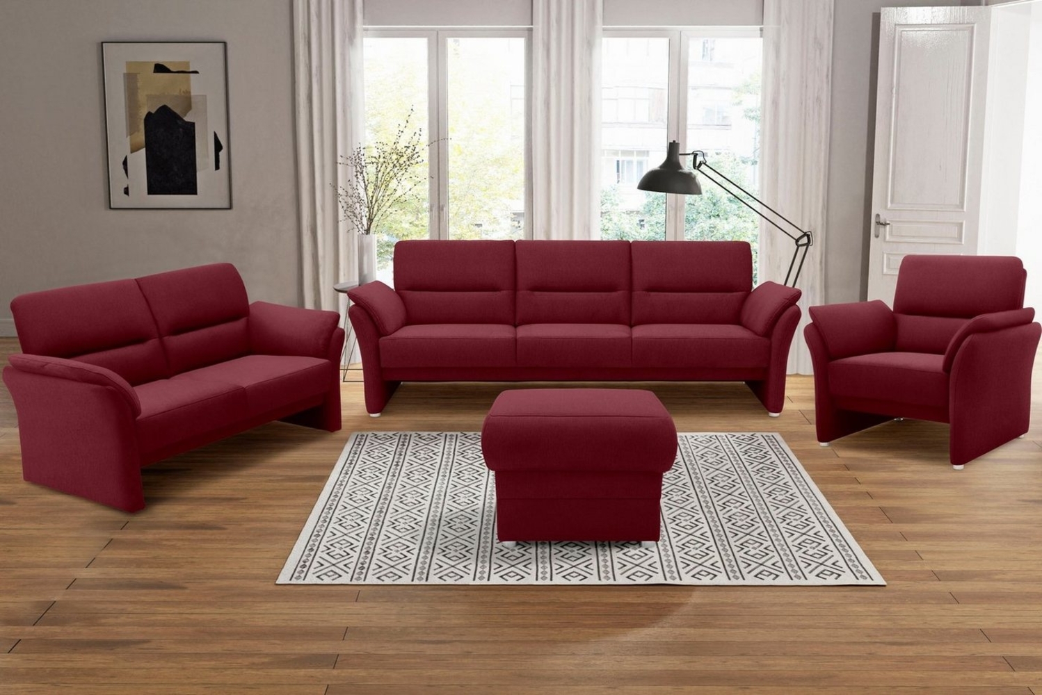 DOMO collection 3-Sitzer Pina, schmale Armlehnen, mit Federkern, kompakt & elegant, Hoher Sitzkomfort, Luxus-Microfaser weich, dunkelrot, Breite 219 cm Bild 1