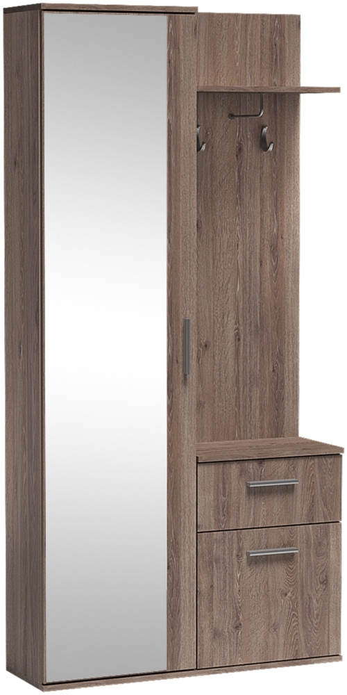 MEBLINI Garderobenschrank Flur mit Spiegel - LUXOR - 97x30x195cm R/L - Trüffeleiche - Garderobe Schrank - Flurgarderobe schmal - Garderobe Flur Möbel Set - Flurschrank hoch Bild 1