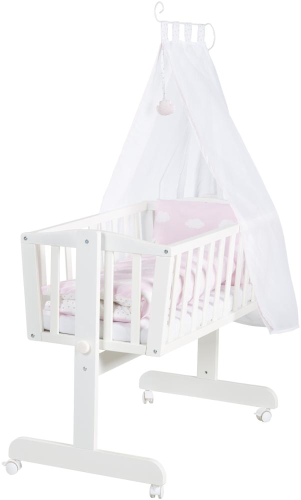 roba Babywiege Kleine Wolke 40 x 90 cm aus Holz - 2 in 1 Stubenwagen & Wiege - Bett Set komplett mit Feststellfunktion & textilem Ausstattung - Weiß / Rosa Bild 1