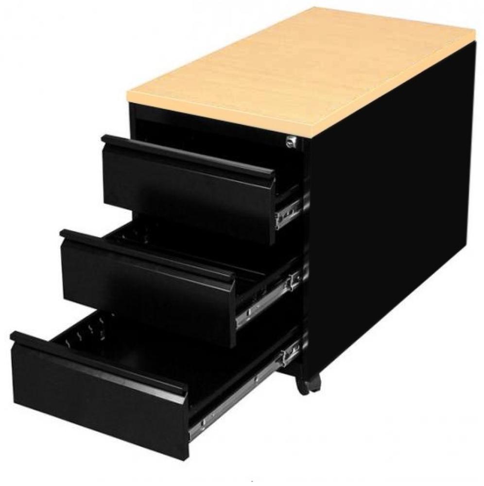 Profi Stahl Büro Rollcontainer Bürocontainer Holz-Abdeckplatte 3 Schubladen Maße: 62x46x79cm RAL 9005 Schwarz/Ahorn-Dekor 505802 Bild 1