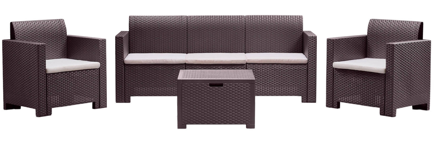 Dmora Loungeset für draußen Admiral, Outdoor-Lounge mit Couchtisch, Terrassenset mit Kissen, Gartenkomposition mit Sofa und Sesseln, Made in Italy, Braun Bild 1