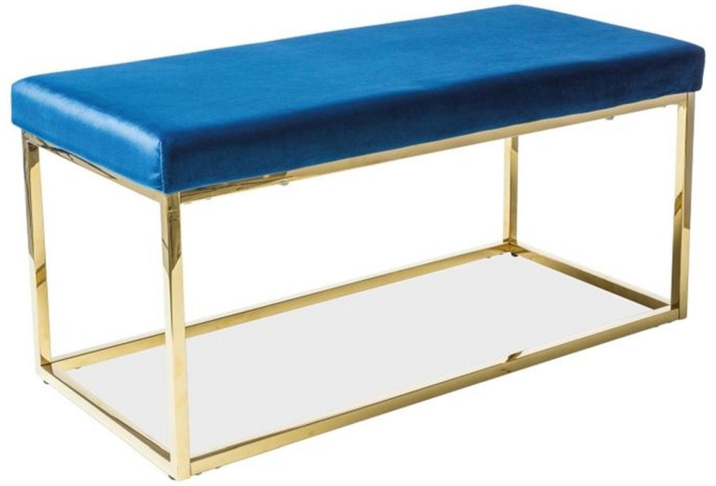 Casa Padrino Luxus Sitzbank Blau / Gold 100 x 46 x H. 48 cm - Gepolsterte Samt Bank mit Edelstahl Gestell Bild 1