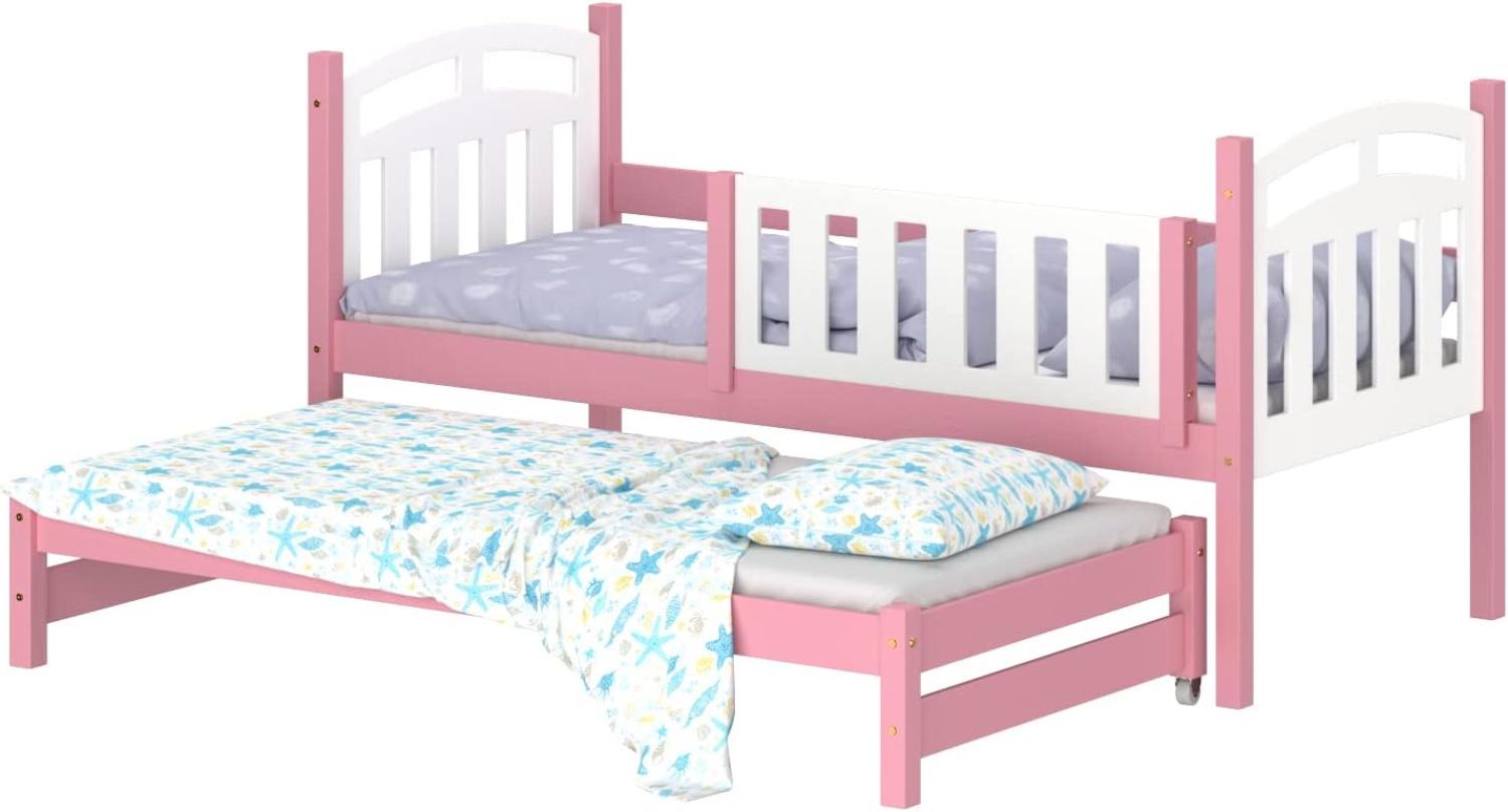 WNM Group Kinderbett Ausziehbar Suzie - aus Massivholz - Ausziehbett fr Mdchen und Jungen - Hohe Qualitt Bett mit Rausfallschutz fr Kinder Rosa - 160x80 / 150x80 cm Bild 1