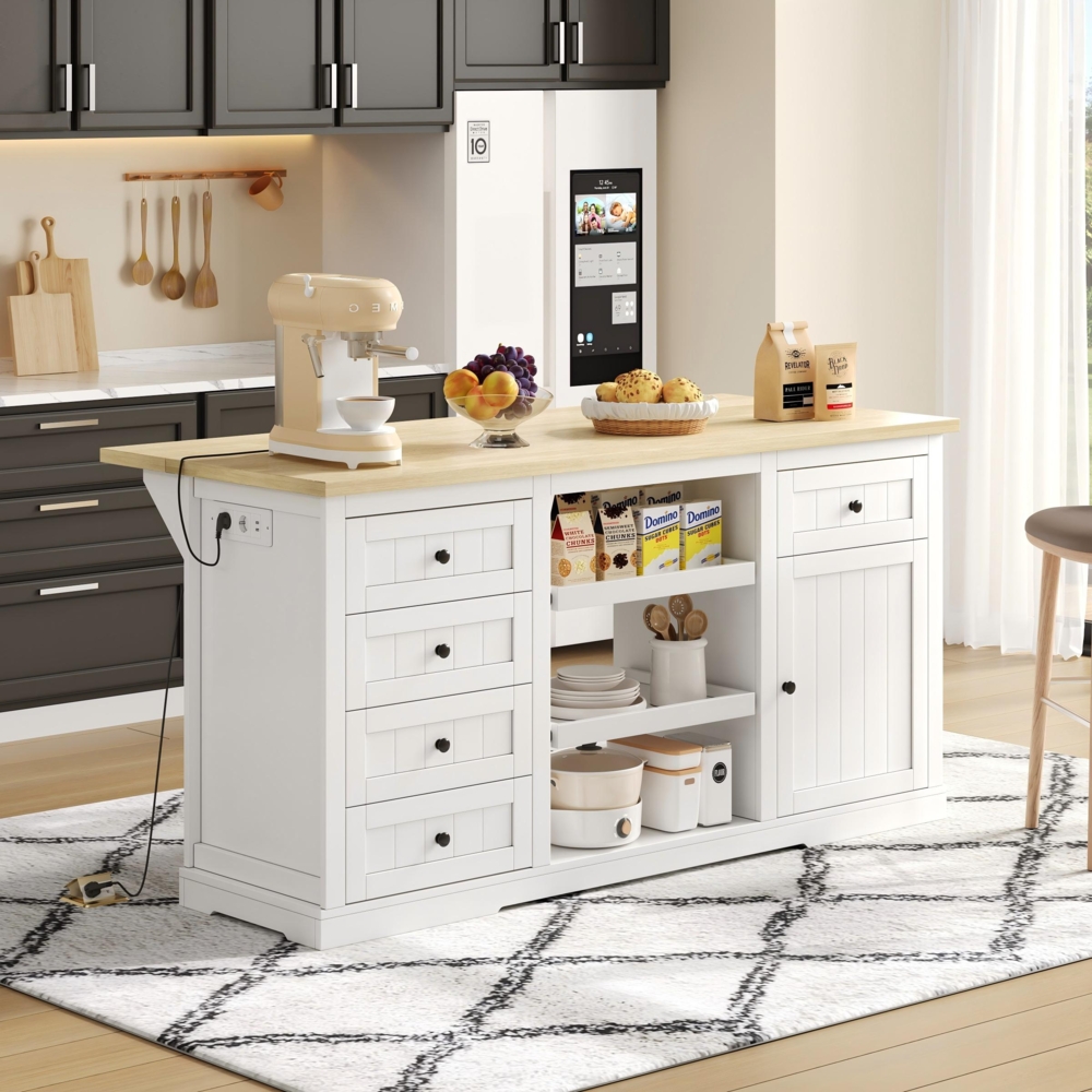 Sideboard, Kücheninsel Bar-Schrank mit 5 Schubladen 2 Ausziehböden klappbarer Erweiterungsplatte und integrierten Steckdosen für Küche Esszimmer und Wohnzimmer, Holz, Weiß, 150 x 65 x 75 cm Bild 1