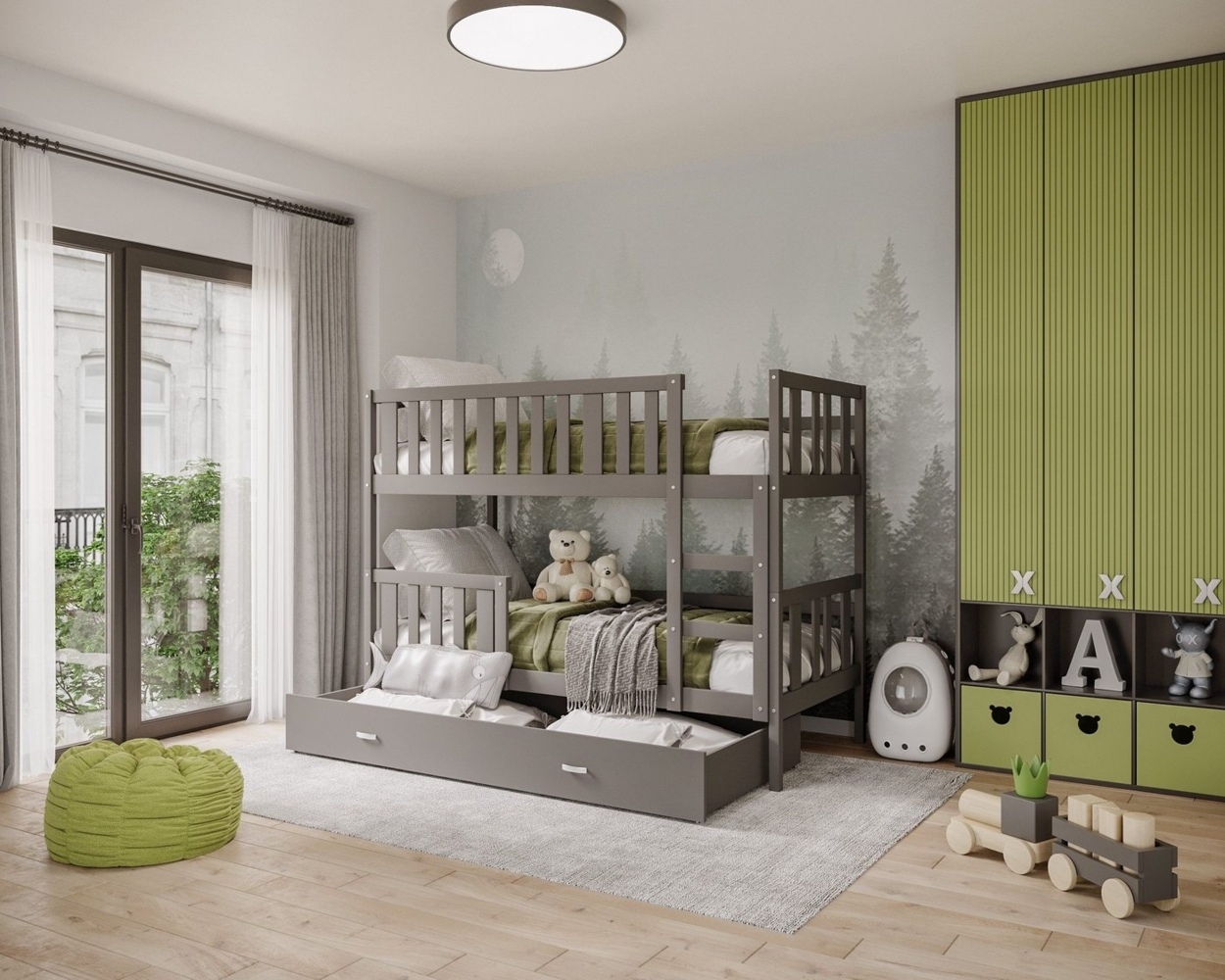 AJKmeble Hochbett Etagenbett 80x160 cm in Grau, Weiß oder Natur optional mit Matratzen (MADE IN EU - Bett mit großer Schublade, Kinderbett für Jungen und Mädchen, mit Rausfallschutz und Leiter) Stockbett für zwei Kinder Bild 1