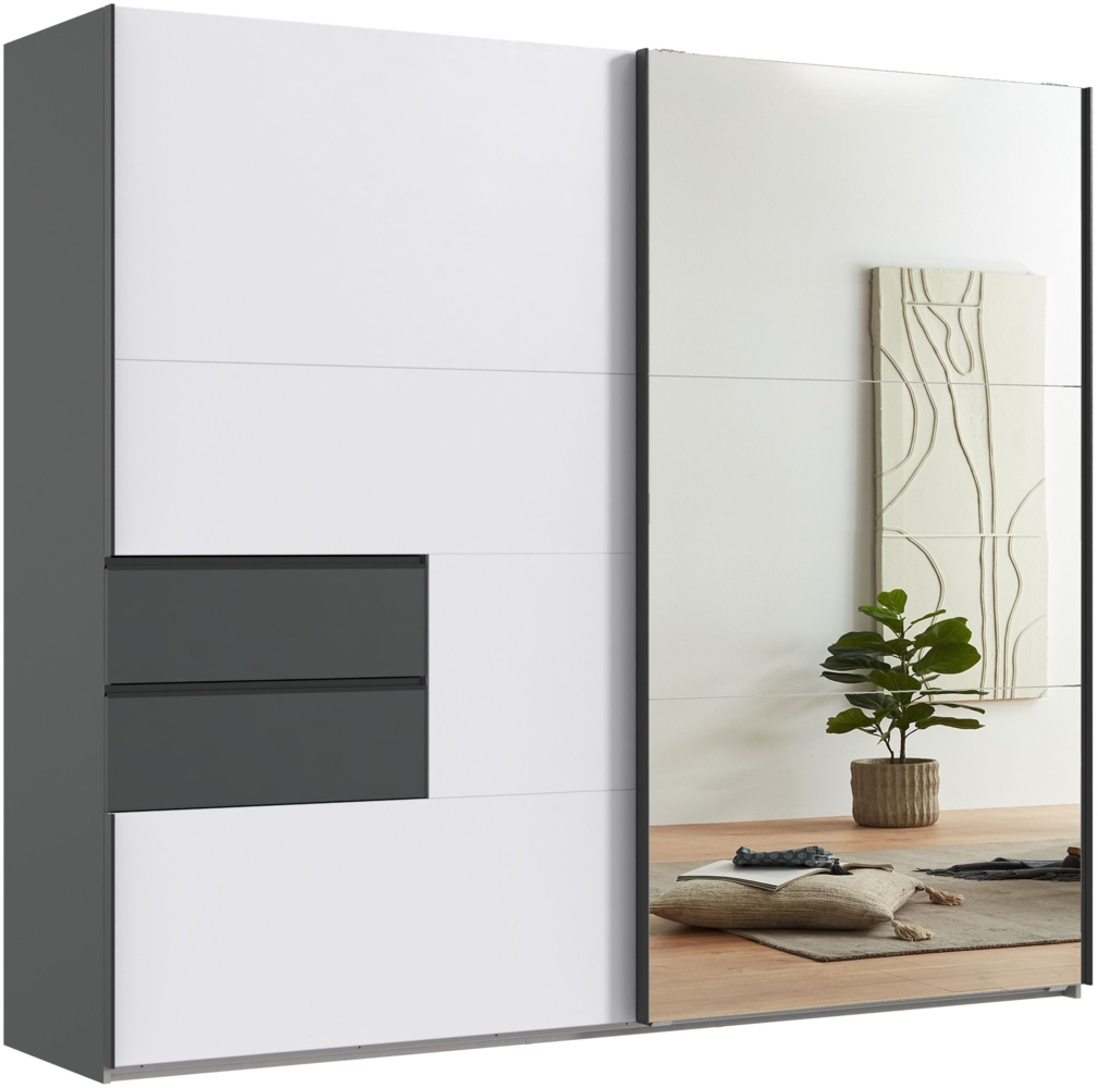 Schwebetürenschrank Kleiderschrank 250 cm Schubladen Grafit, Front Weiß Spiegel Bild 1