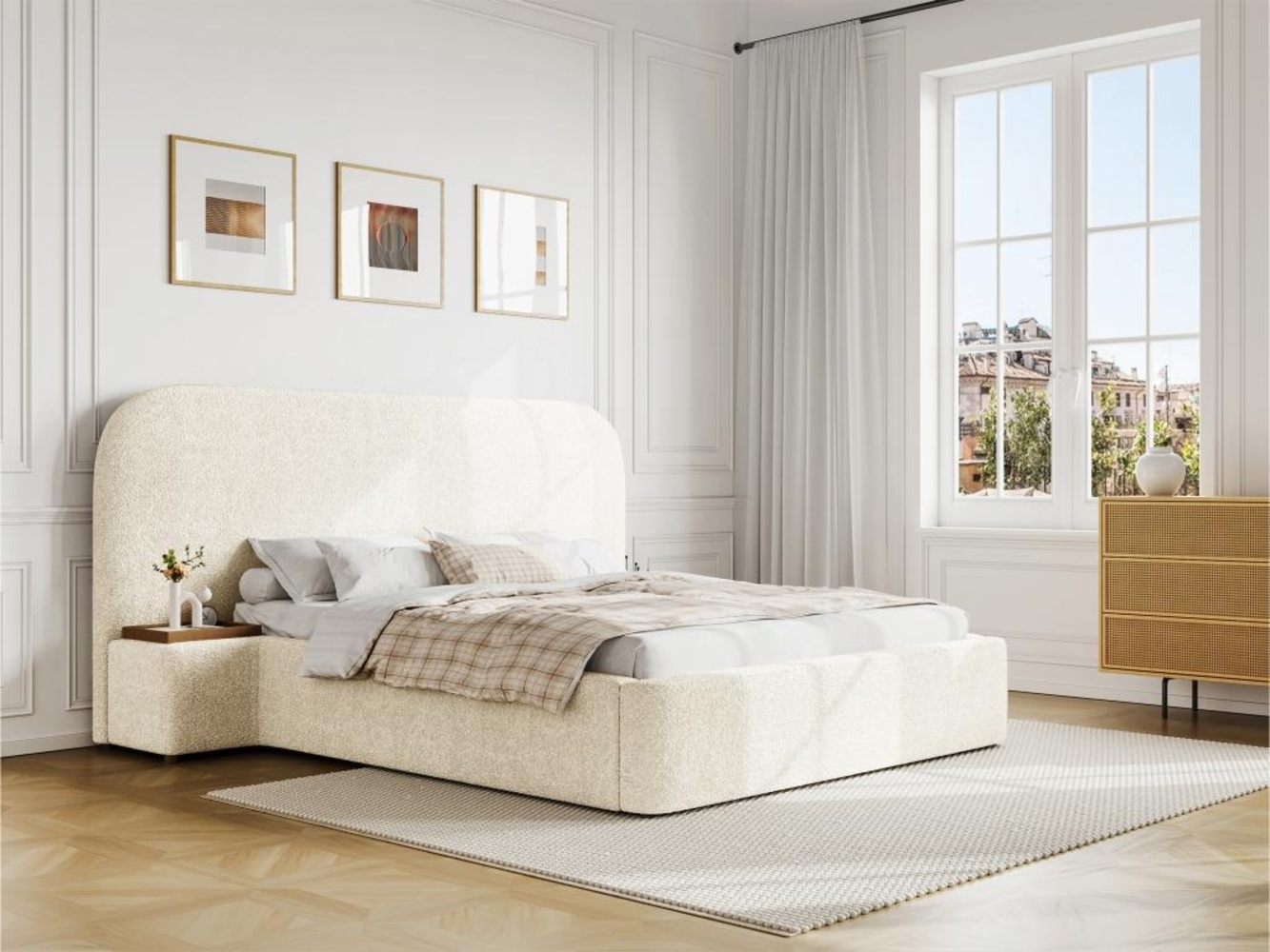 Vente-unique - Bett mit Bettkasten mit Nachttischen + Matratze - 140 x 200 cm - Bouclé-Stoff - Weiß - ESTERIA von Maison Céphy Bild 1