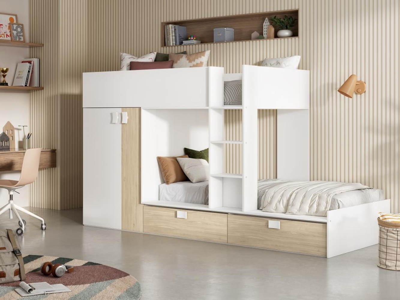 Vente-unique - Etagenbett mit Kleiderschrank - 2x 90 x 190 cm - Weiß & Naturfarben - JUANITO Bild 1