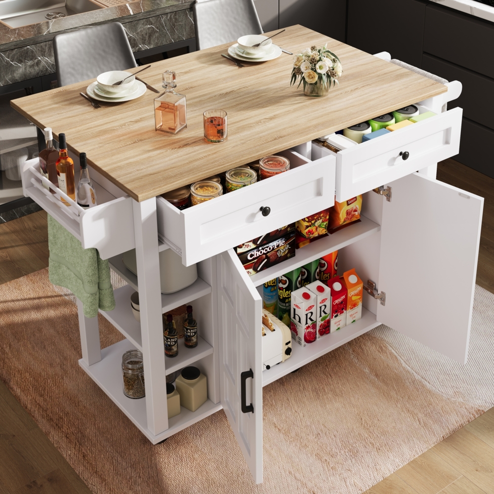 Merax Kücheninsel mit herausnehmbaren Trennwänden, Esszimmerwagen mit Arbeitsplatte, Buffetschrank, Esszimmerwagen mit Holzmaserung, Handtuchhalter beidseitig mit Rollen, weiß Bild 1