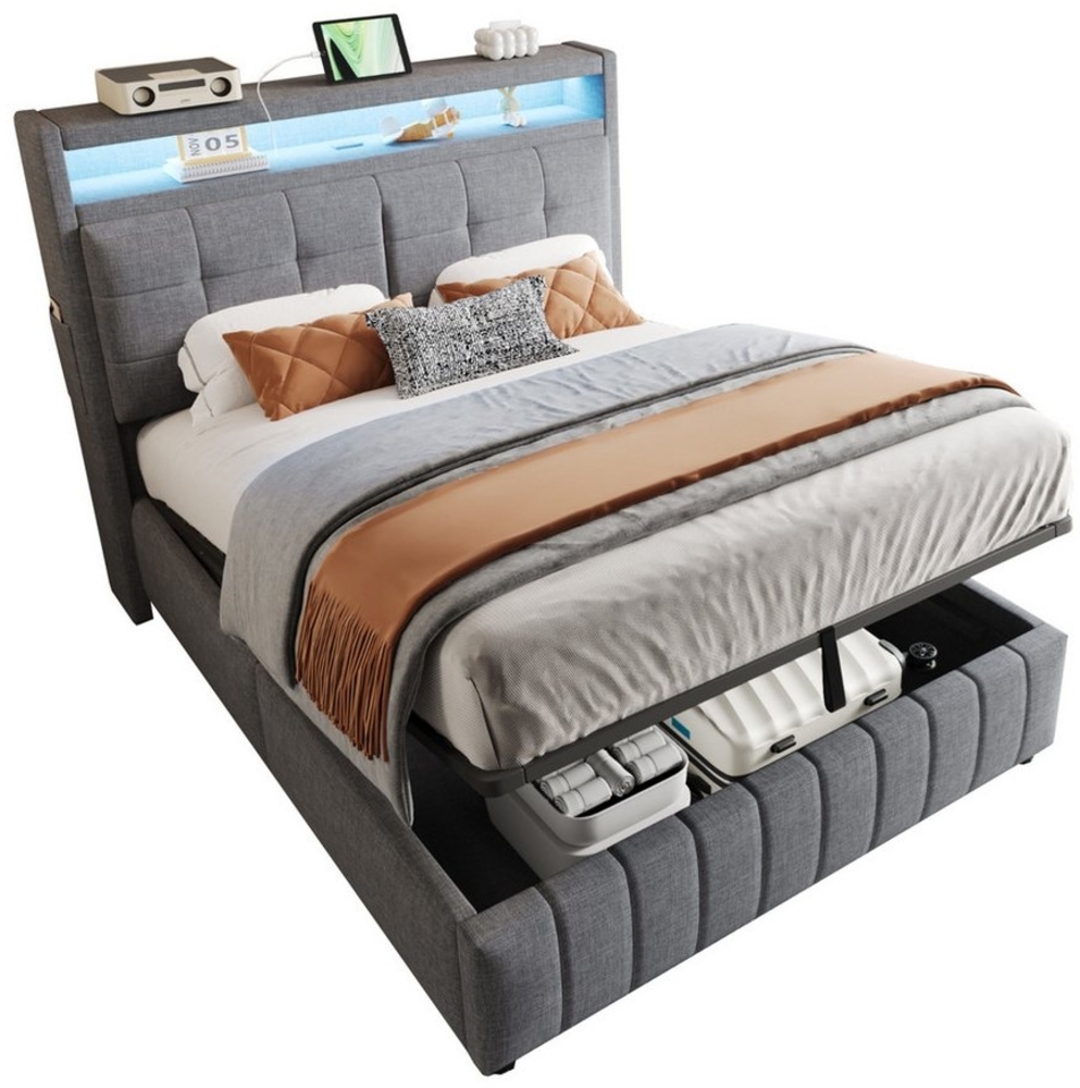 OKWISH Polsterbett Funktionsbett,Stauraumbett,Doppelbett,Gästebett,Jugendbett (Polsterbett,mit LED-Beleuchtung, USB-Ladeanschluss und Hydraulischem Stauraum, Kopfteil mit Ablagefächern und Lattenrost, Grau Leinenstoff für Erwachsene, Schlafzimmer mit m... Bild 1