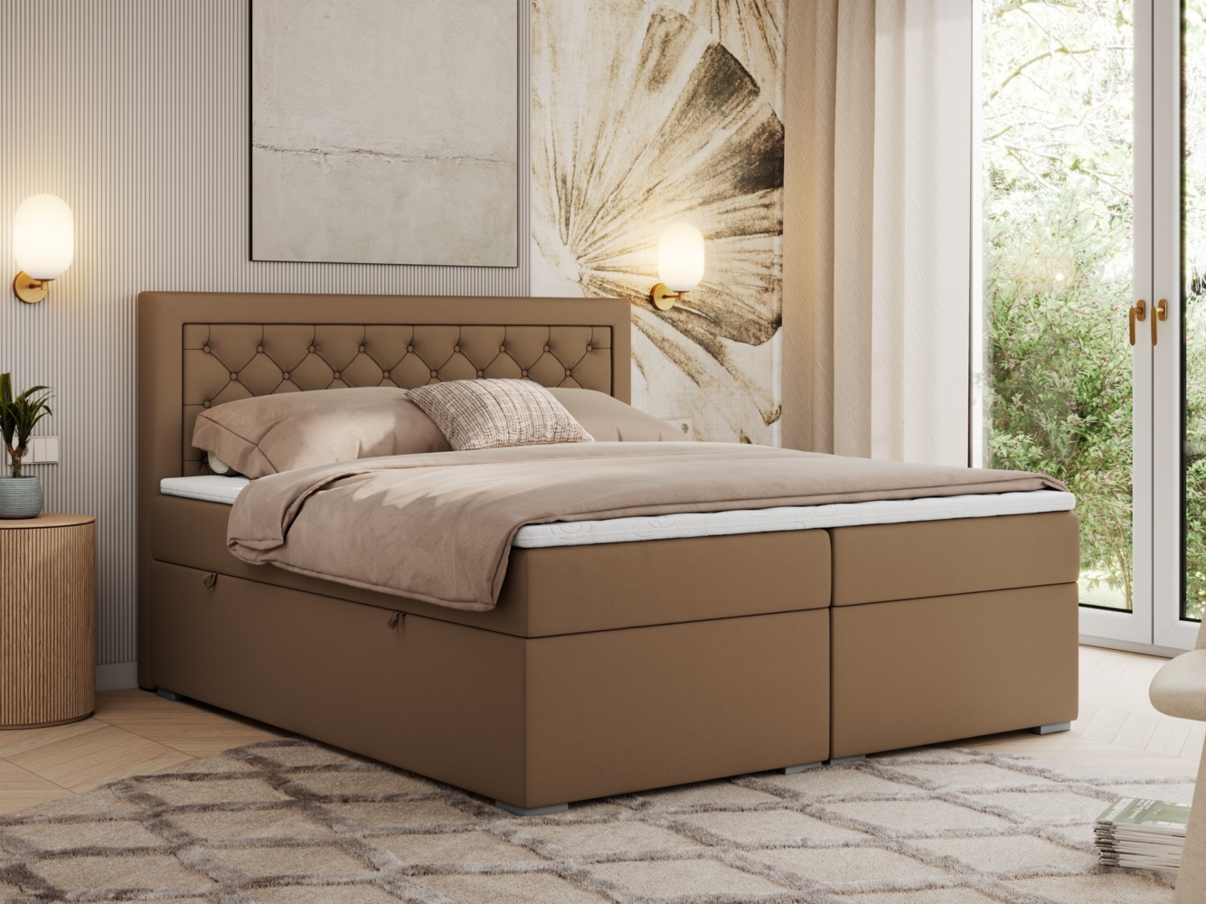 Boxspringbett, Modern Bett mit Multipocket-Matratze und zwei Bettkästen - JASIR - 200 x 200 cm - Braun Kunstleder - H4 Bild 1