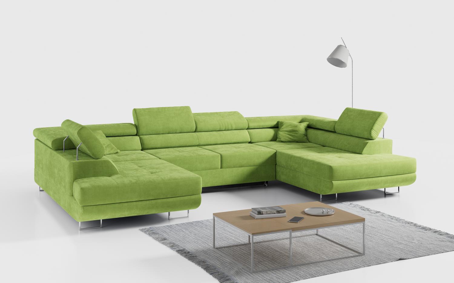 Ecksofa, Wohnzimmer U Couch, Polstersofa mit Bettkasten - GUSTAW-U - Grün Velours Bild 1