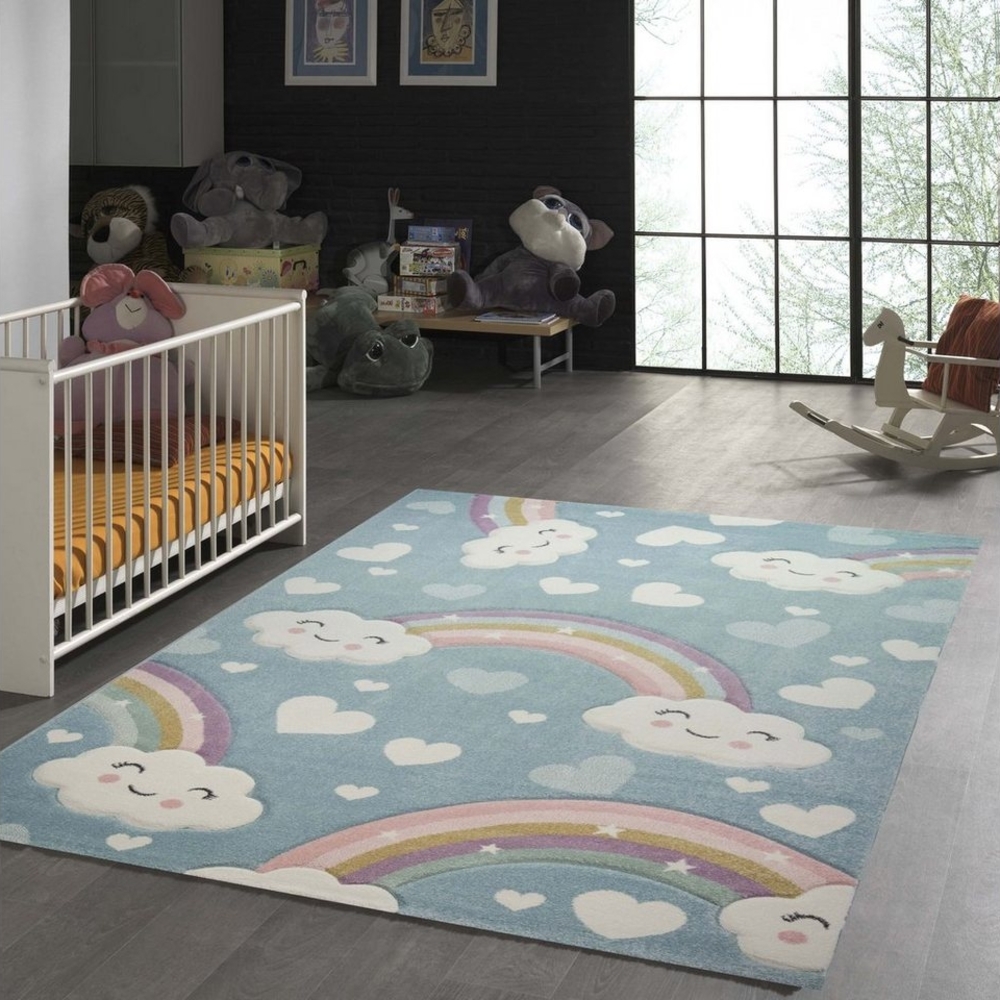 TeppichHome24 Kinderteppich Kinderteppich mit Wolken Regenbogen und Herzen in blau, rechteckig, Höhe: 1.3 mm Bild 1