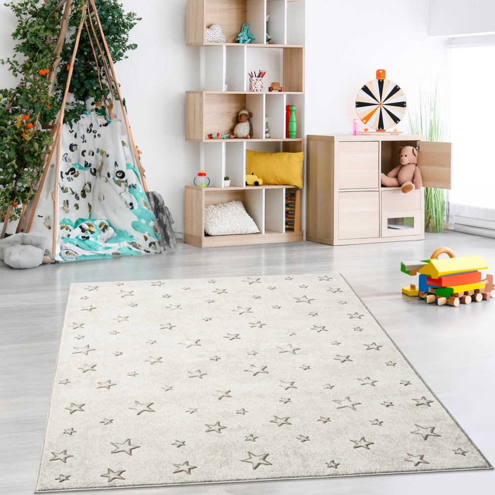 Teppich Kinderzimmer 160x230cm - Pastell Beige Creme - Kurzflor Spielteppich mit Sternen Motiv Bild 1