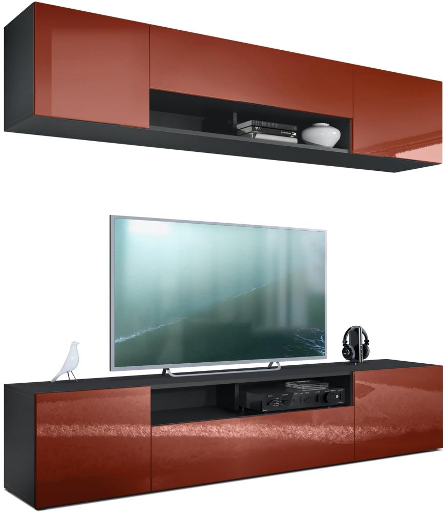 Vladon Wohnwand Mogan, Schwarz matt/Bordeaux Hochglanz - Moderne Anbauwand bestehend aus 2 TV-Boards (181 x 147 x 35 cm) Bild 1