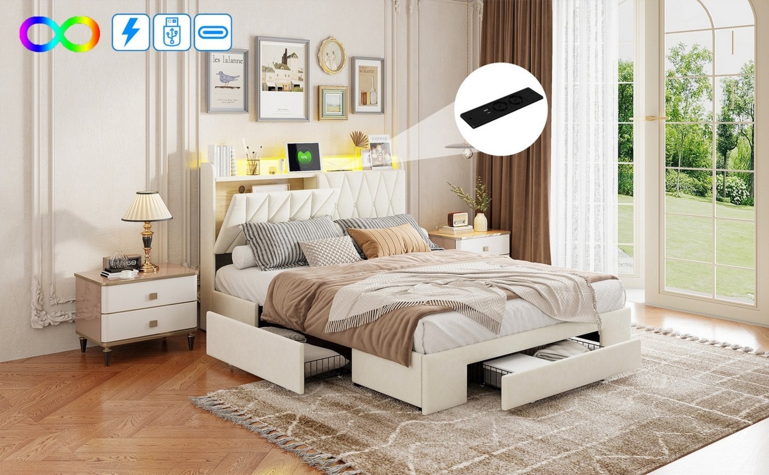 FUROKOY Polsterbett LED Doppelbett mit Ladefunktion, 140x200cm Stauraumbett mit USB/Type-C Anschlüssen und 3 Schubladen Bild 1