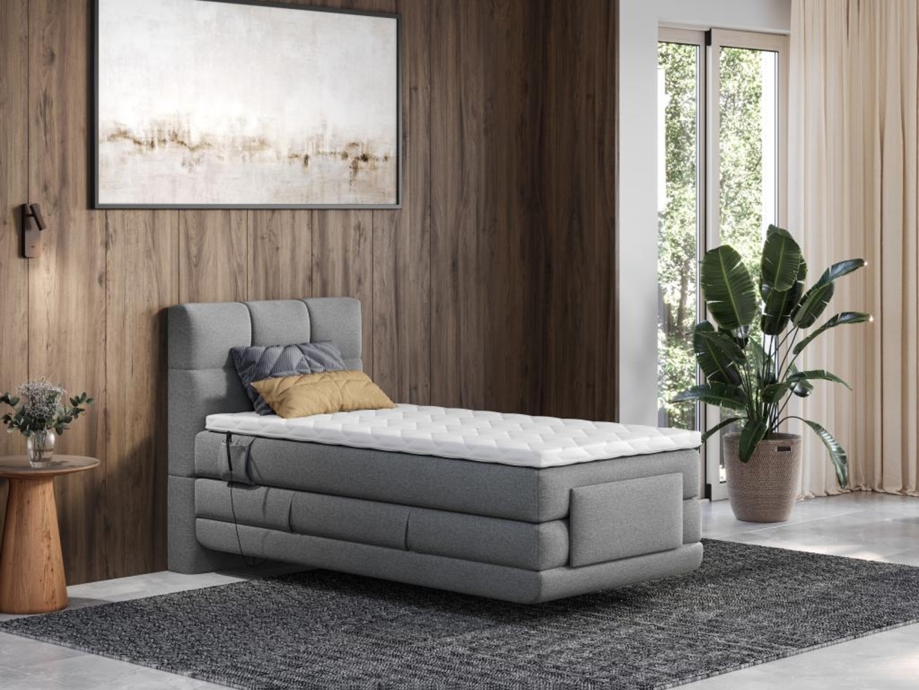 Vente-unique - Boxspringbett mit gestepptem Kopfteil + elektrischem Untergestell mit Relaxfunktion + Matratze + Topper - 100 x 200 cm - Stoff - Hellgrau - LODI von PALACIO Bild 1