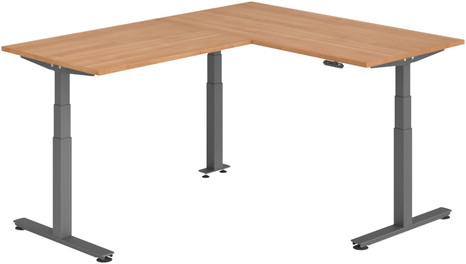 bümö Eckschreibtisch elektrisch höhenverstellbar L-Form: 160 x 200 cm in Nussbaum, Gestell graphit - Stehschreibtisch mit Memory-Steuerung, elektrischer XXL Schreibtisch für die Ecke, XDSMW-1612-N-G Bild 1