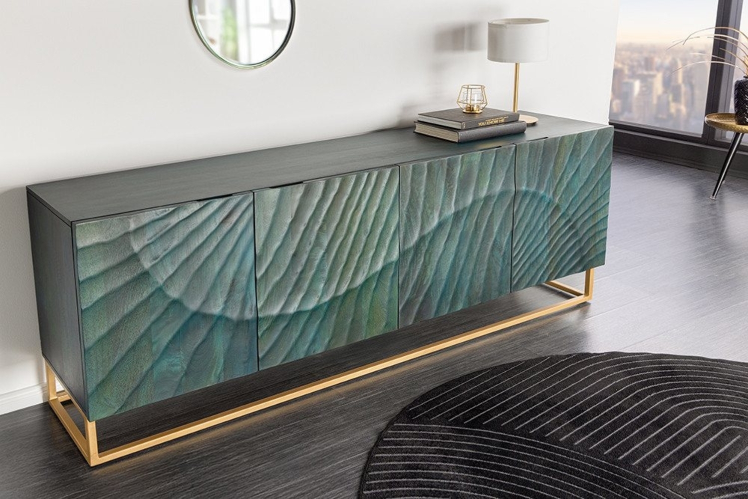 riess-ambiente Sideboard SCORPION 180cm türkis / gold · Anrichte aus Mango-Massivholz, Metall-Gestell · Kommode mit 4 Fächern · 3D Schnitzereien · Wohnzimmer Bild 1