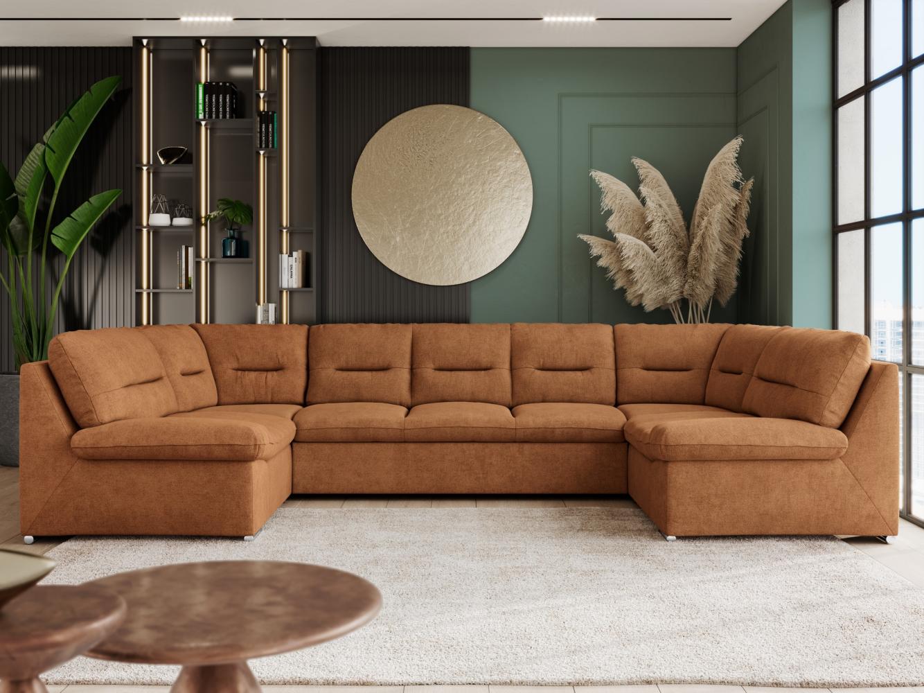 Ecksofa, Sofa big XXL, Wellenfedern, Wohnlandschaft XXL, mit Schlaffunktion - COMODO U - Orange Stoff Bild 1