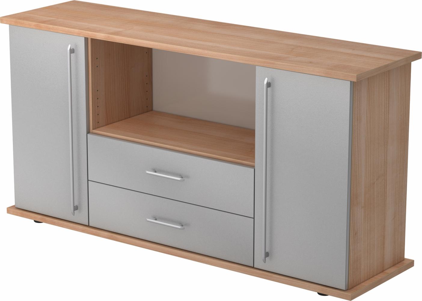 bümö Sideboard Nussbaum/Silber mit Flügeltüren & Regal - Büromöbel Sideboard mit Schubladen Holz 166cm breit, 45cm schmal, Büro Schrank für Flur oder als Wohnzimmer-Kommode mit Relinggriff, SBTS-N-S-RE Bild 1