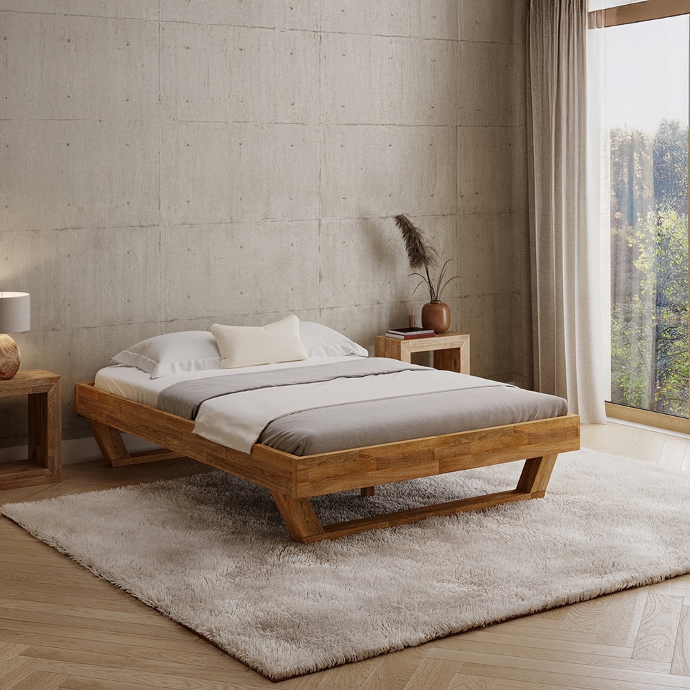 skølm 'Nornir' Bett 140x200 cm, Bettgestell, natur geölt, Massivholzbett aus Eiche mit Holzkufen, Doppelbett ohne Bettkopf Bild 1