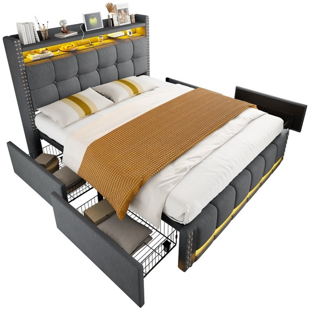 REDOM Polsterbett Jugendbett Stauraumbett Doppelbett Funktionsbett (Funktionsbett mit LED-Beleuchtung, USB-Steckdose, Stauraum und 4 Schubladen, 140x200 cm), ohne Matratze Bild 1