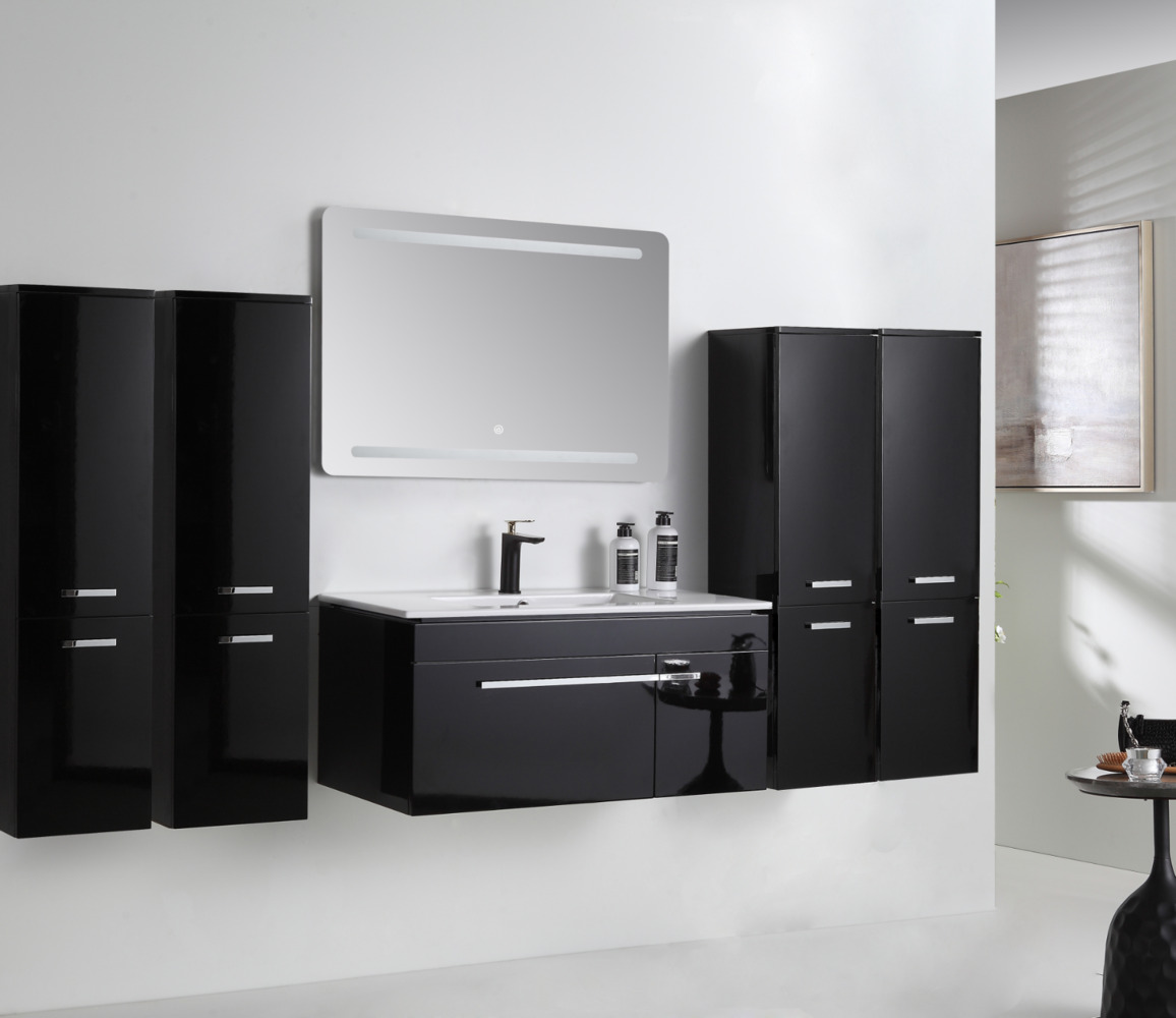 Badmöbel Set 210 cm Schwarz Hochglanz Lackiert Komplett Badschrank 8 Tlg LED Bild 1