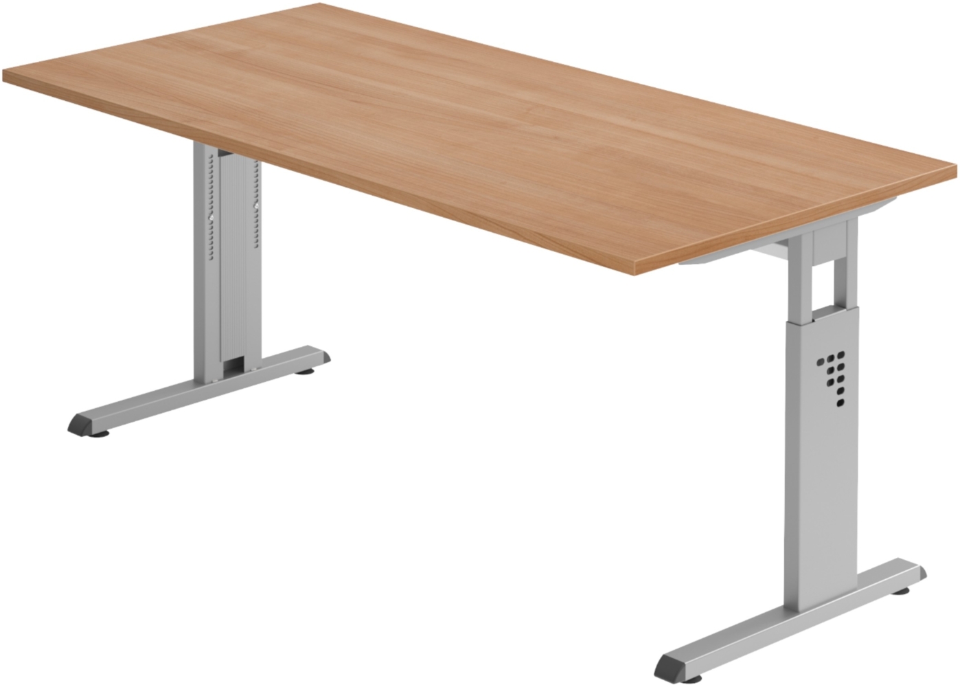 bümö höhenverstellbarer Schreibtisch O-Serie 160x80 cm in Nussbaum, Gestell in Silber - PC Tisch für's Büro manuell höhenverstellbar, Computertisch verstellbar, OS-16-N-S Bild 1