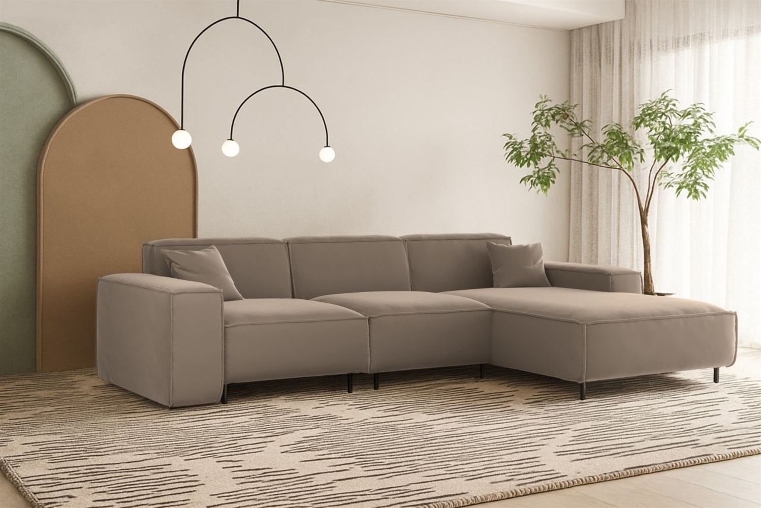 Ecksofa Designersofa GLORIA in Stoff Tiffani Taupe Ottomane Rechts Bild 1