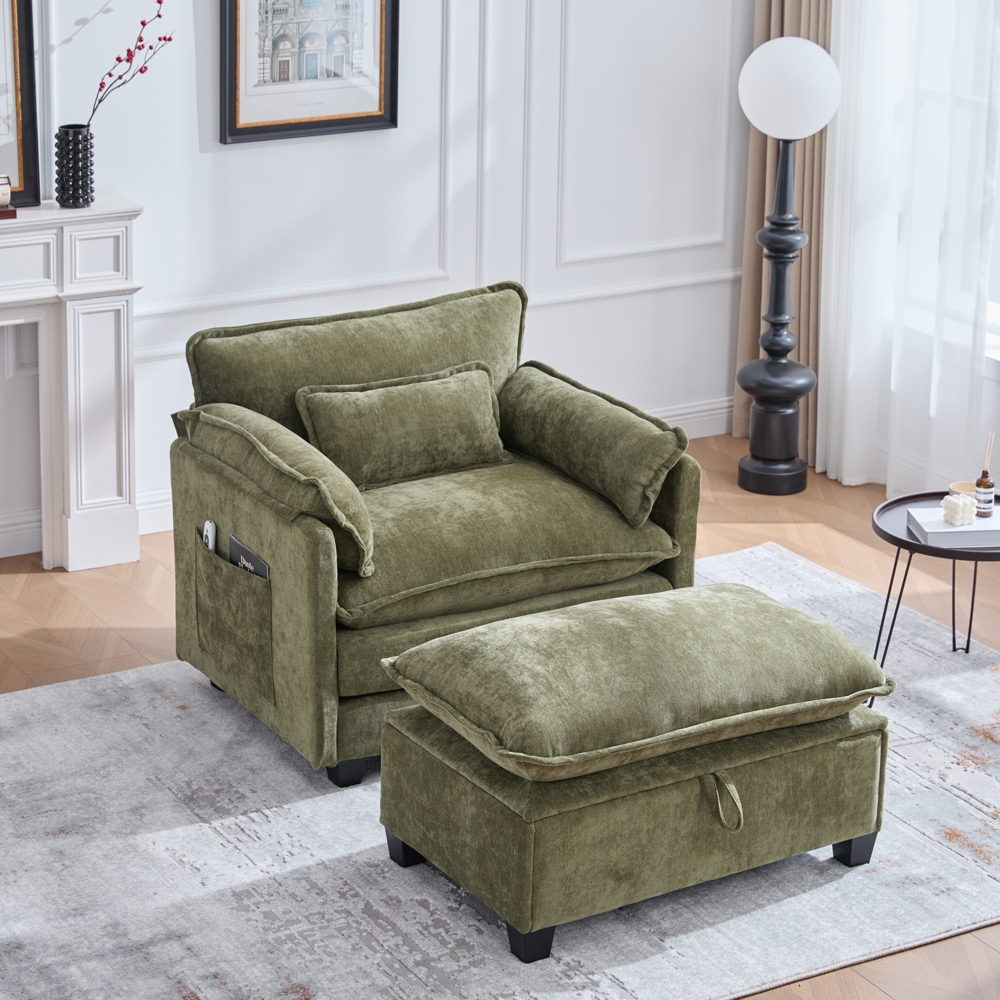 LVHOM Einzelsofa mit Ottomane, Chenille Chaiselongue Sessel mit Seitentasche, Relaxsessel Fernsehsessel Ohrensessel mit Hocker, Olive Bild 1