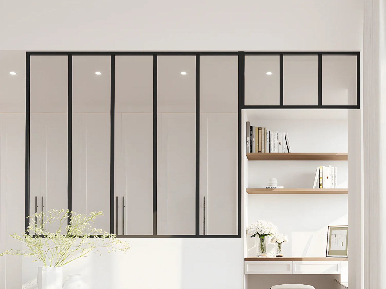 Vente-unique - Atelier-Glaswand mit Oberlicht - thermolackiertes Aluminium - 150 x 130 + 83 x 40 cm - Schwarz - BAYVIEW Bild 1