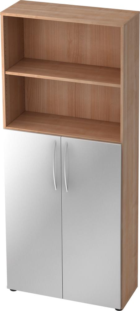 bümö Mehrzweckschrank 80cm breit, Aktenschrank o. Schuhschrank hoch, Regal Schrank-Kombi, Küchenschrank in Nussbaum/Silber aus Holz, Vorratsschrank & Haushaltsschrank mit Metallgriffen, 4770-N-S-BM Bild 1