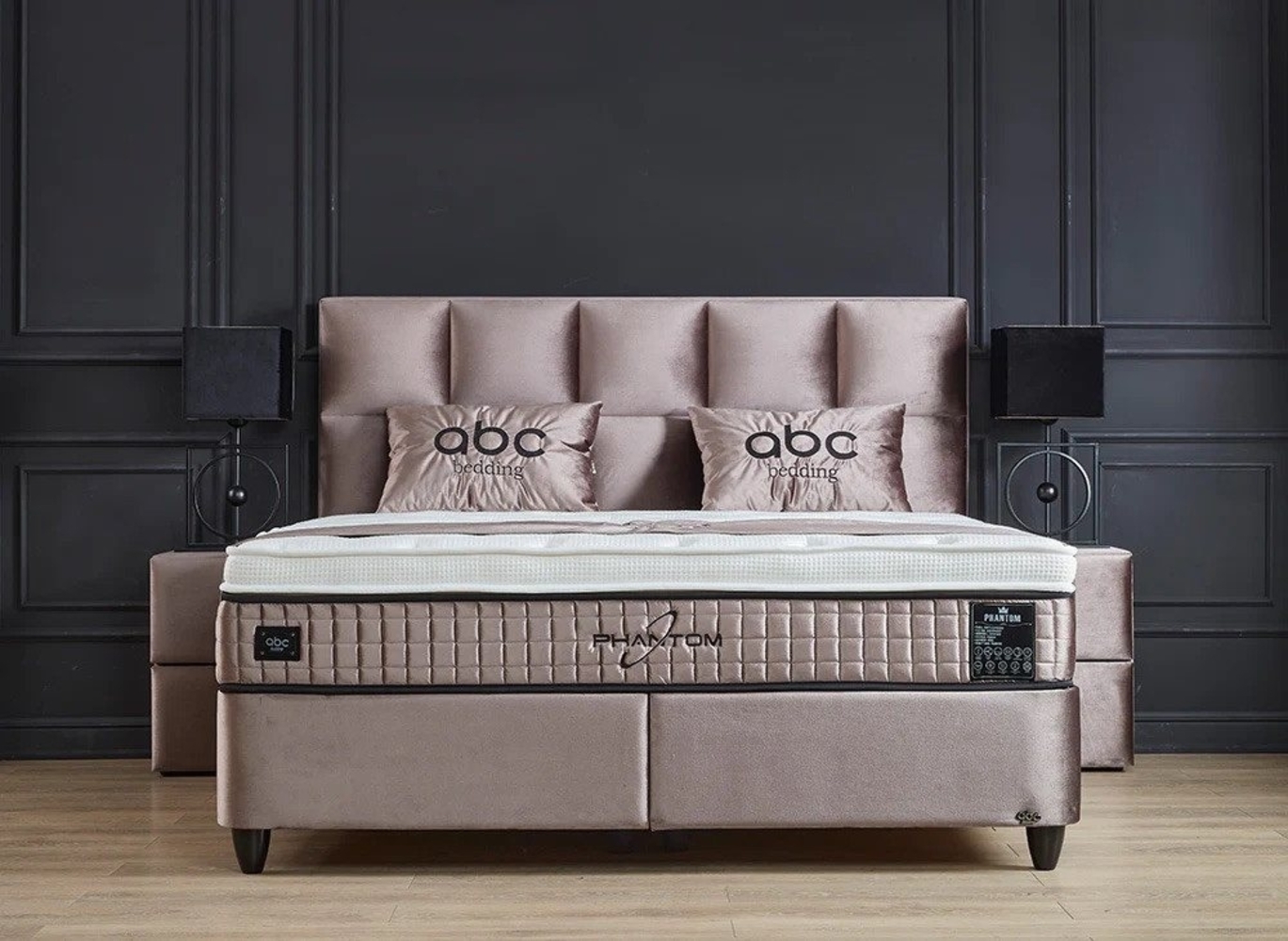 abc bedding Boxspringbett PHANTOM Voll-orthopädisches Komfortbett mit Samt in Beige (inkl. Matratze & Topper), Funktionsbett mit Bettkasten, inkl. Bettbank & 2 Nachttischen Bild 1