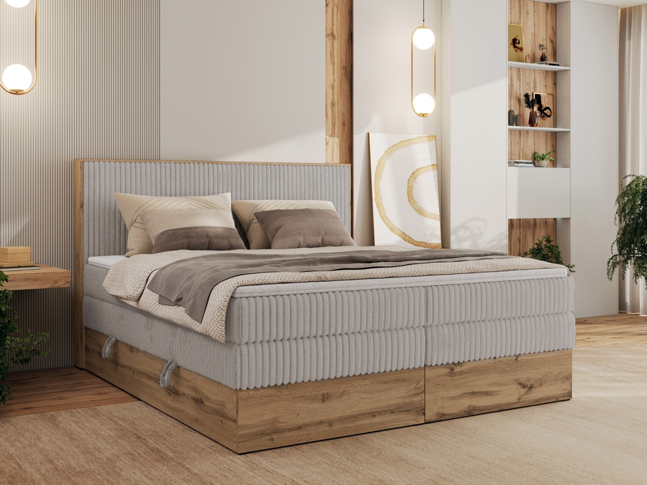 Boxspringbett, Set mit zwei Multipocket-Matratze und Topper, hohe Kopfteil, Eiche Wotan Holzrahmen - WOOD CLASSIC KING - 200 x 200 cm - Hellgrau Cord - H4 Bild 1