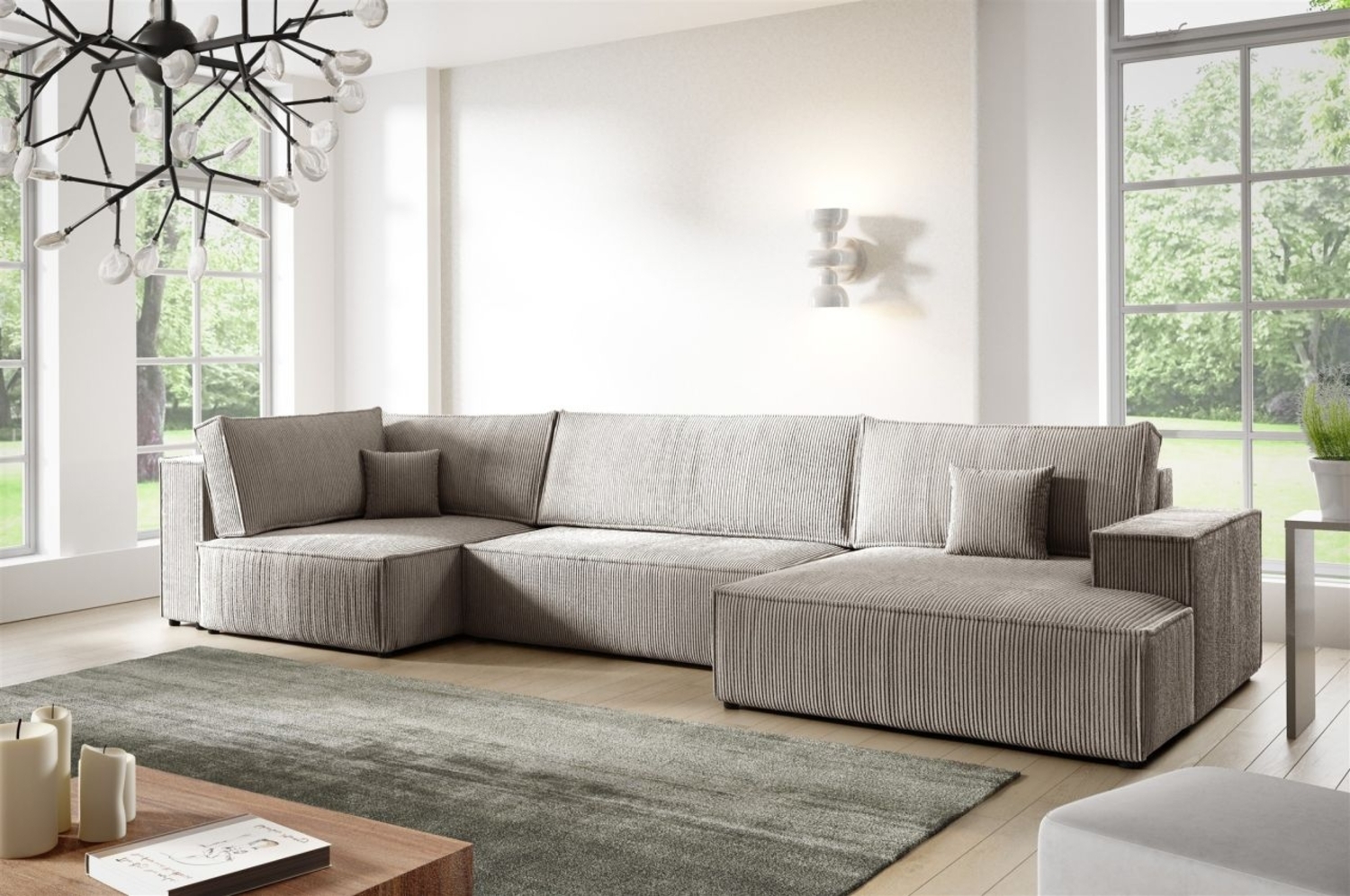 Wohnlandschaft Schlafsofa CORUNIA Stoff Poso Hellbraun Ottomane Rechts Bild 1