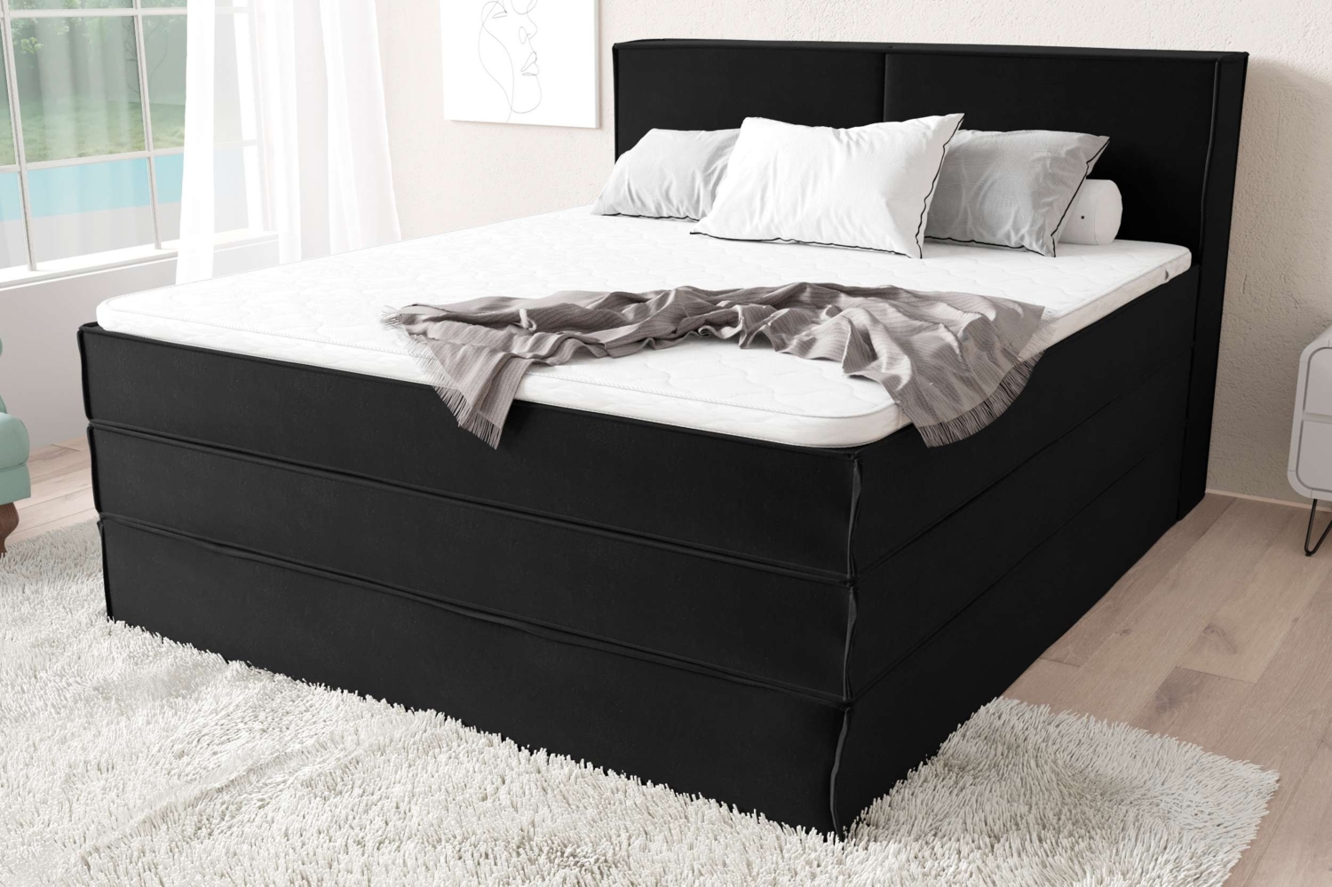 99rooms Santiago Boxspringbett Schwarz Velours KRONOS 160x200 cm Taschen-Federung Bild 1