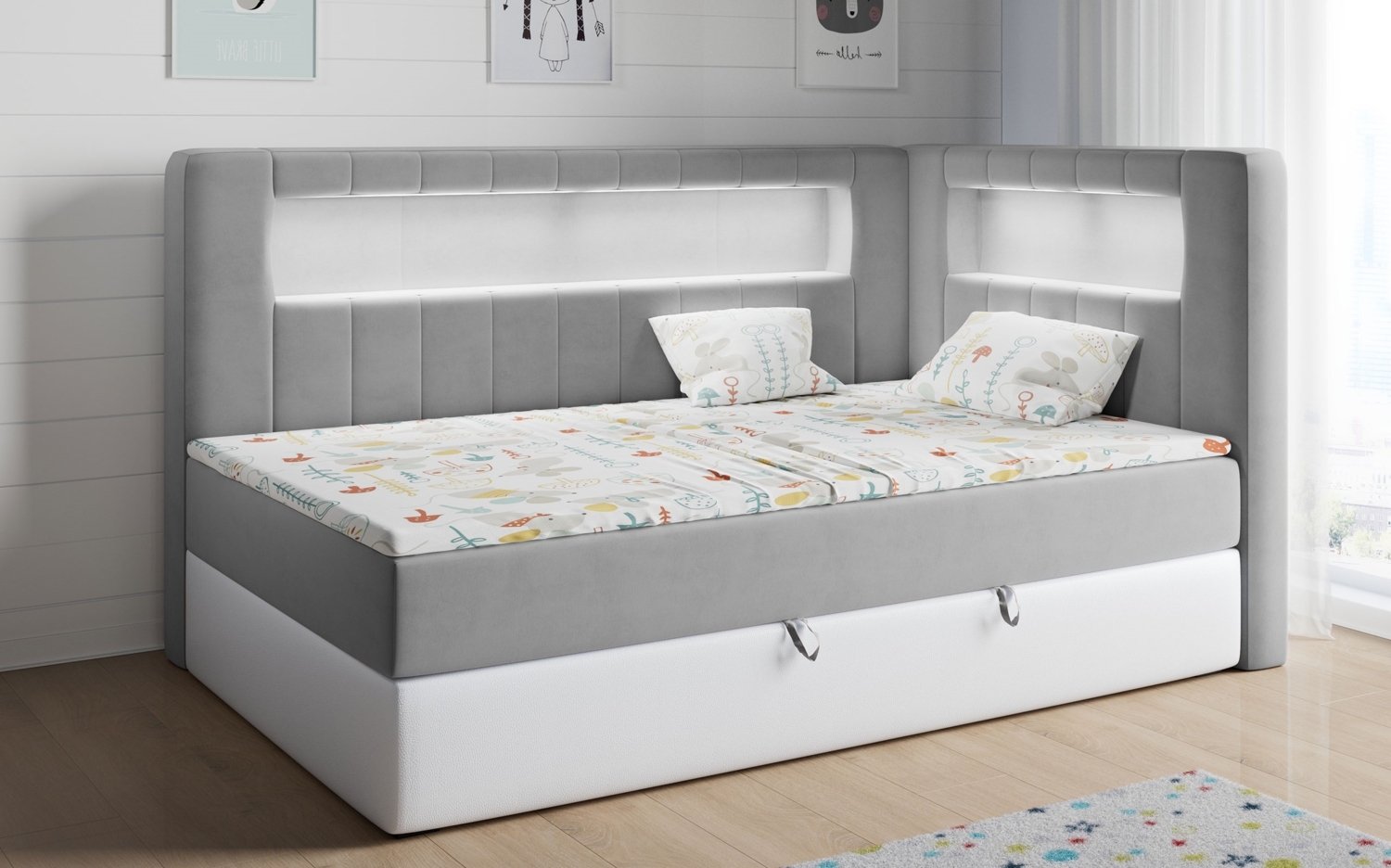 Boxspringbett mit LED, Einzelbett mit Bettkasten und Topper - JUNIOR GOLD 3 - 90x200 cm - Grau und Weiß - Rechte Seite Bild 1