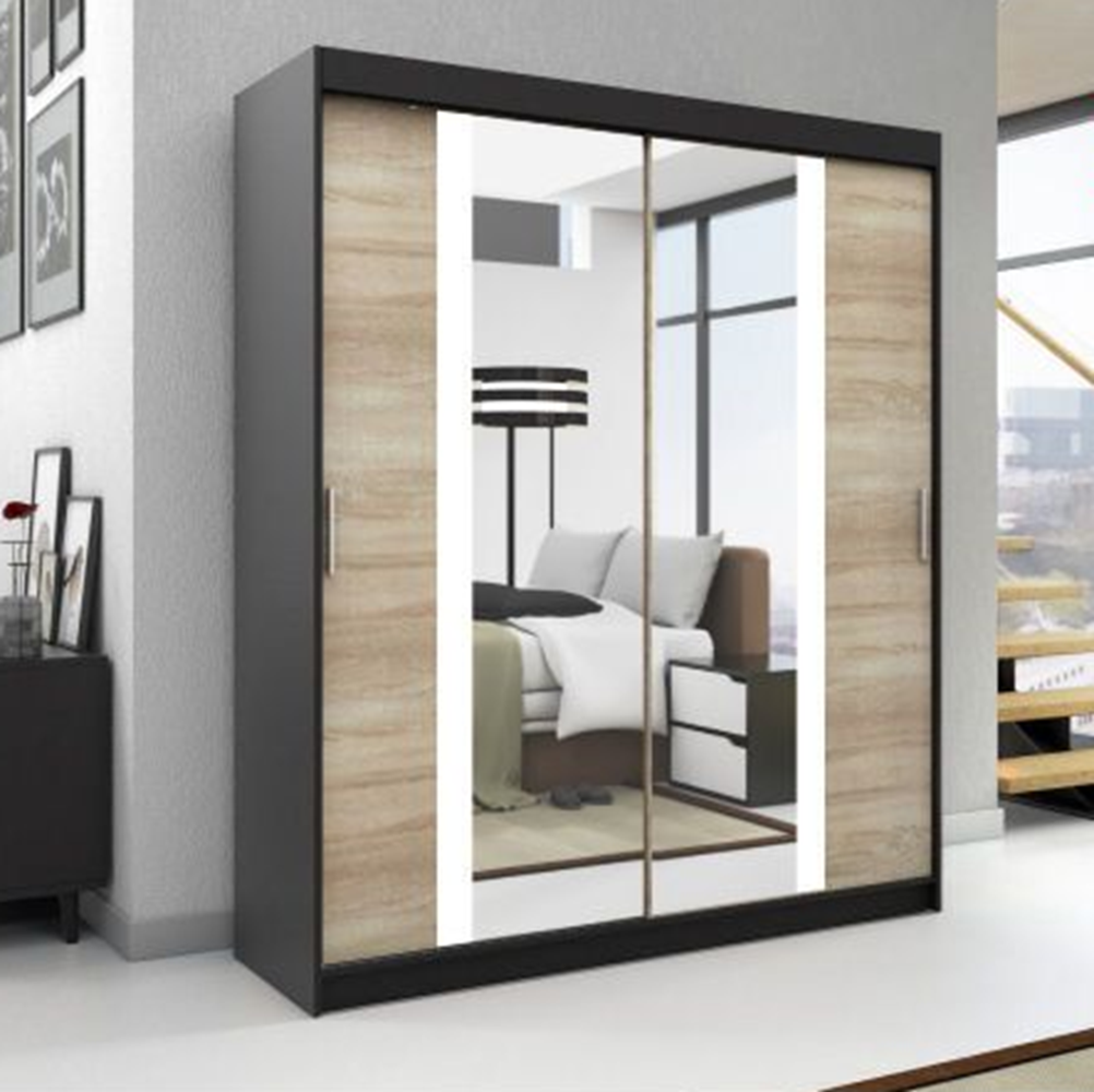 Schwebetrenschrank BRUNI 2-trig Schrank 160 cm (mit Spiegel) Farbe: Schwarz , sonoma Bild 1