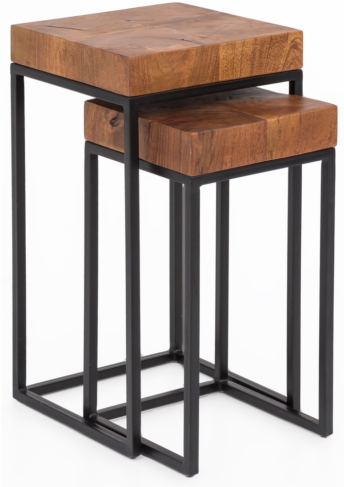 Design Satztisch WL5.660 Sheesham Metall Beistelltisch 2er Set Klein, Couchtisch Set 2 Holz Tische, Massivholz Wohnzimmertisch Metallgestell, Schmaler Sofatisch Ablagetisch Bild 1