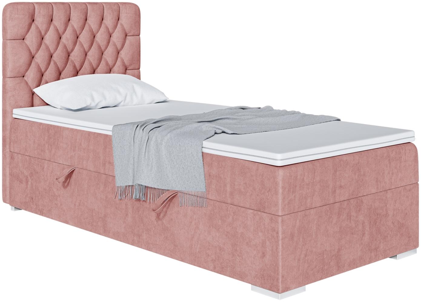 MEBLINI Boxspringbett DALIA 80x200 cm mit Bettkasten - H4/Rosa Samt Gepolstert Einzelbett mit Topper & Taschenfederkern-Matratze - 80x200 Rechts Bild 1