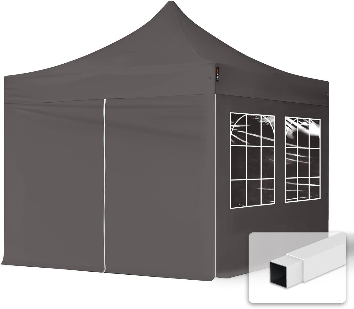 3x3 m Faltpavillon, ECONOMY Stahl 30mm, Seitenteile mit Sprossenfenstern, dunkelgrau Bild 1