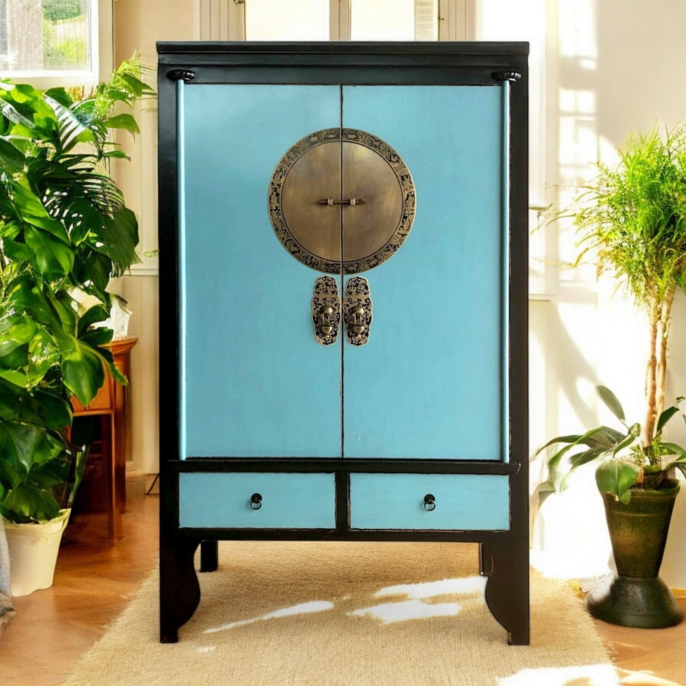 Chinesischer Hochzeitsschrank schwarz-blau vintage verziert Schrank Kommode Sideboard Lowboard asiatisch orientalisch Fernost shabby-chic Landhaus Bild 1