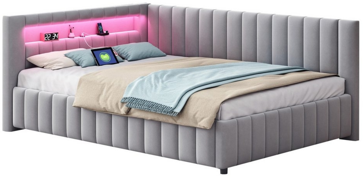 REDOM Polsterbett Schlafsofa 140x200 Multifunktionsbett, Funktionsbett Stauraumbett (Daybett Tagesbett Doppelbett, LED-Licht & USB-Ladeanschluss, Samtstoff, L-förmiges Design mit Rückenlehne & Kopfteil, Ideal für Wohnzimmer & Gästezimmer, Kinderbett Gä... Bild 1