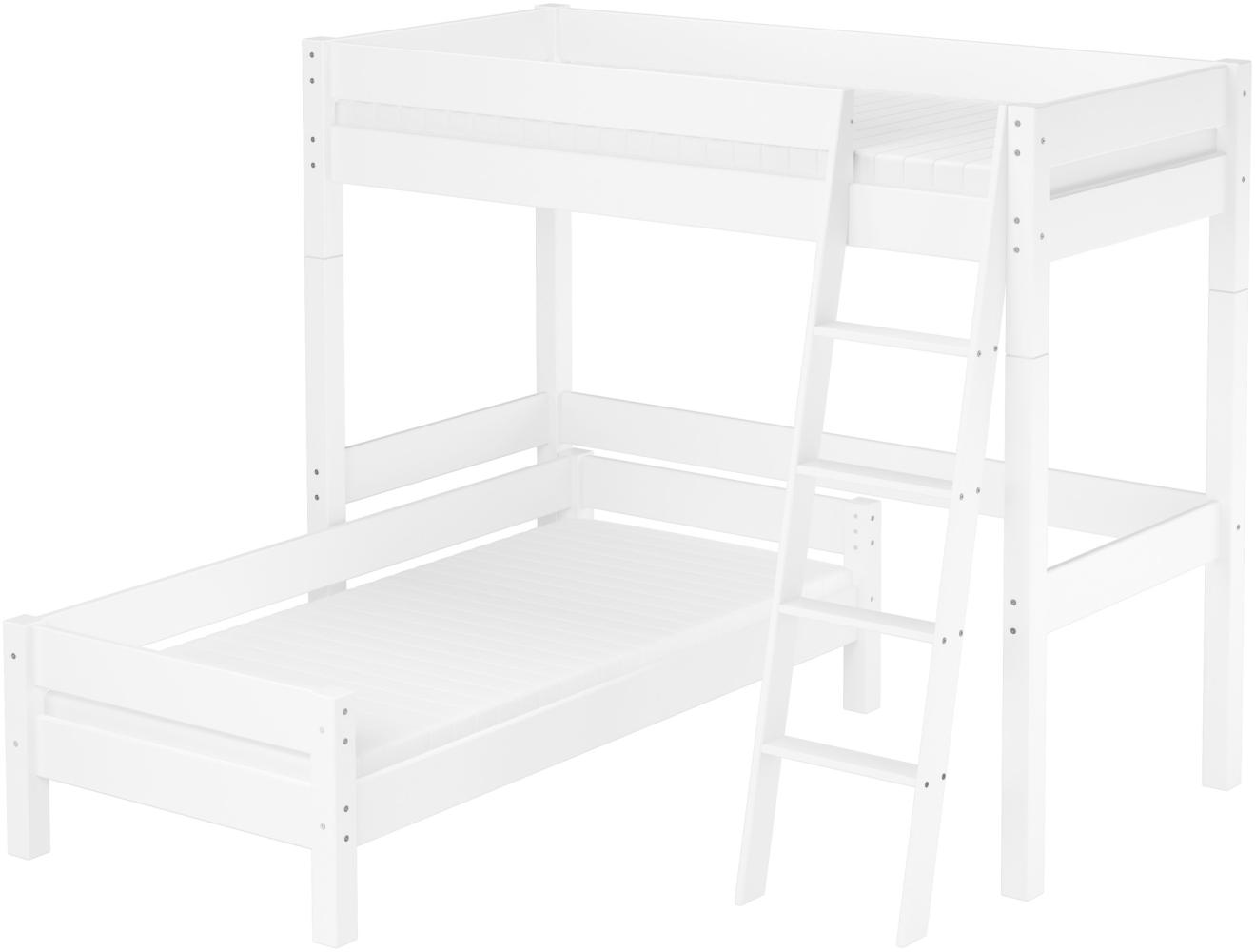 Hochbett für Kinder mit Einzelbett 90x200 Kinderbett Stockbett Kiefer weiß massiv V-60. 20W-09-2-20WZ mit Lattenrost und Matratze Bild 1